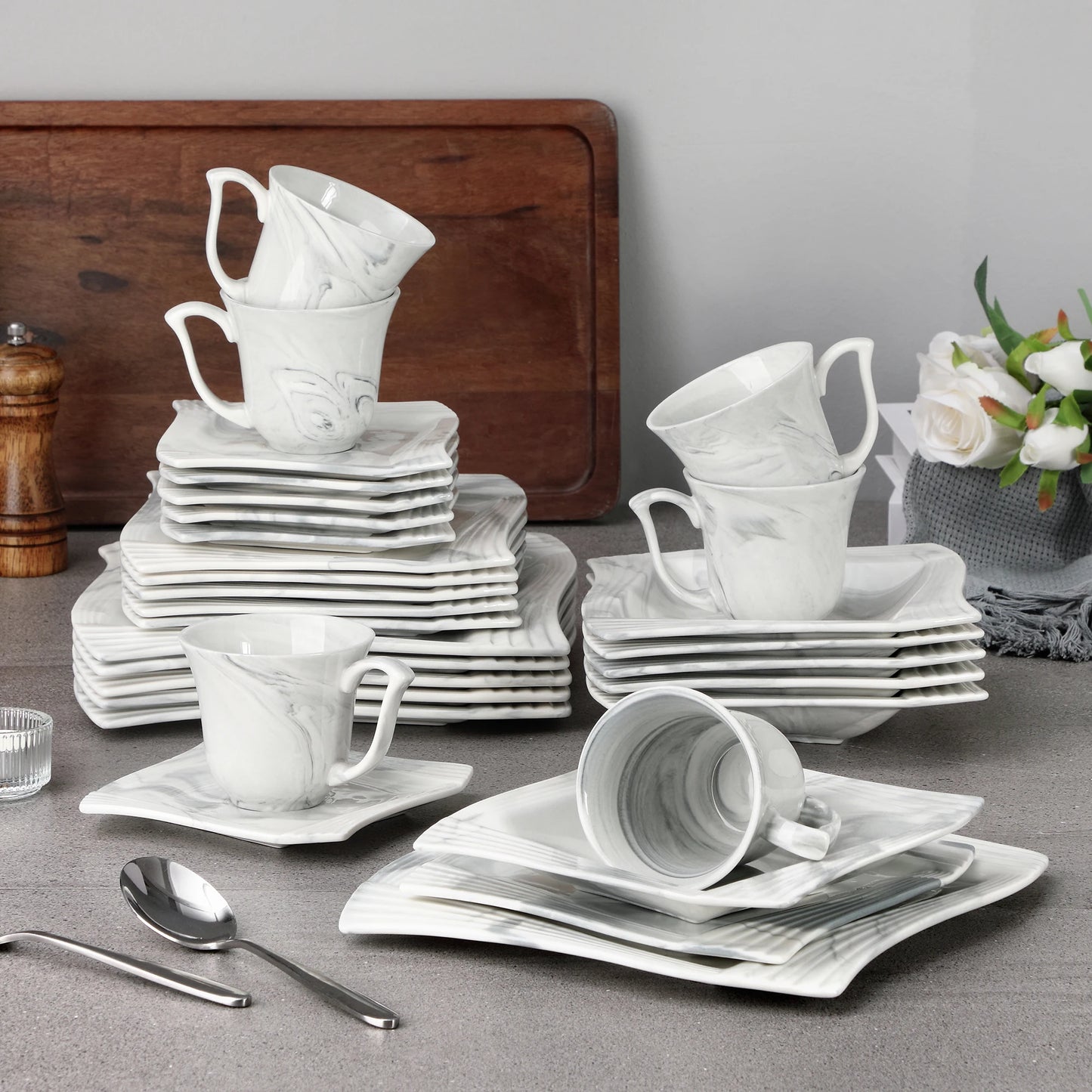 Lily Grey  Marble Porcelain Dinnerware Set