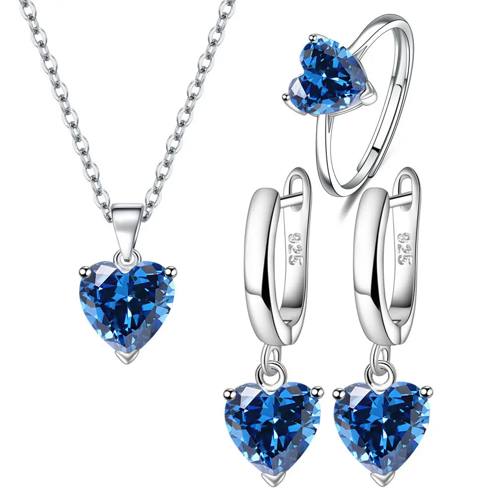 925 Sterling Silver Set  Zircon Ring Earrings and Necklace